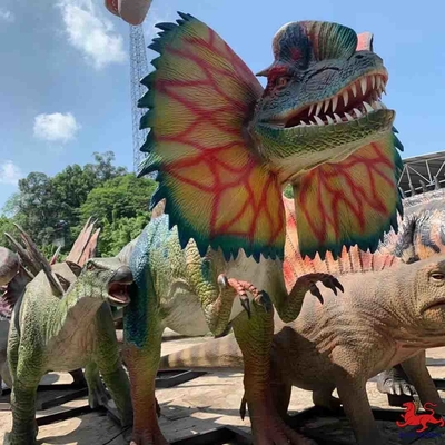Good price متنزه معدات واقعي متحرك ديناصور نموذج Dilophosaurus Statue الانترنت